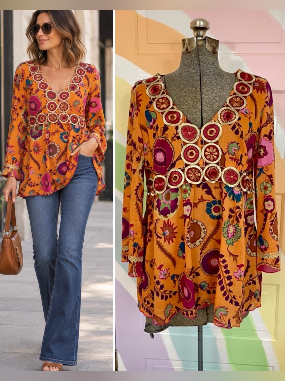 Cynthia Steffe Floral Embellished Medallion Empire Waist Boho Top L 💚🎀